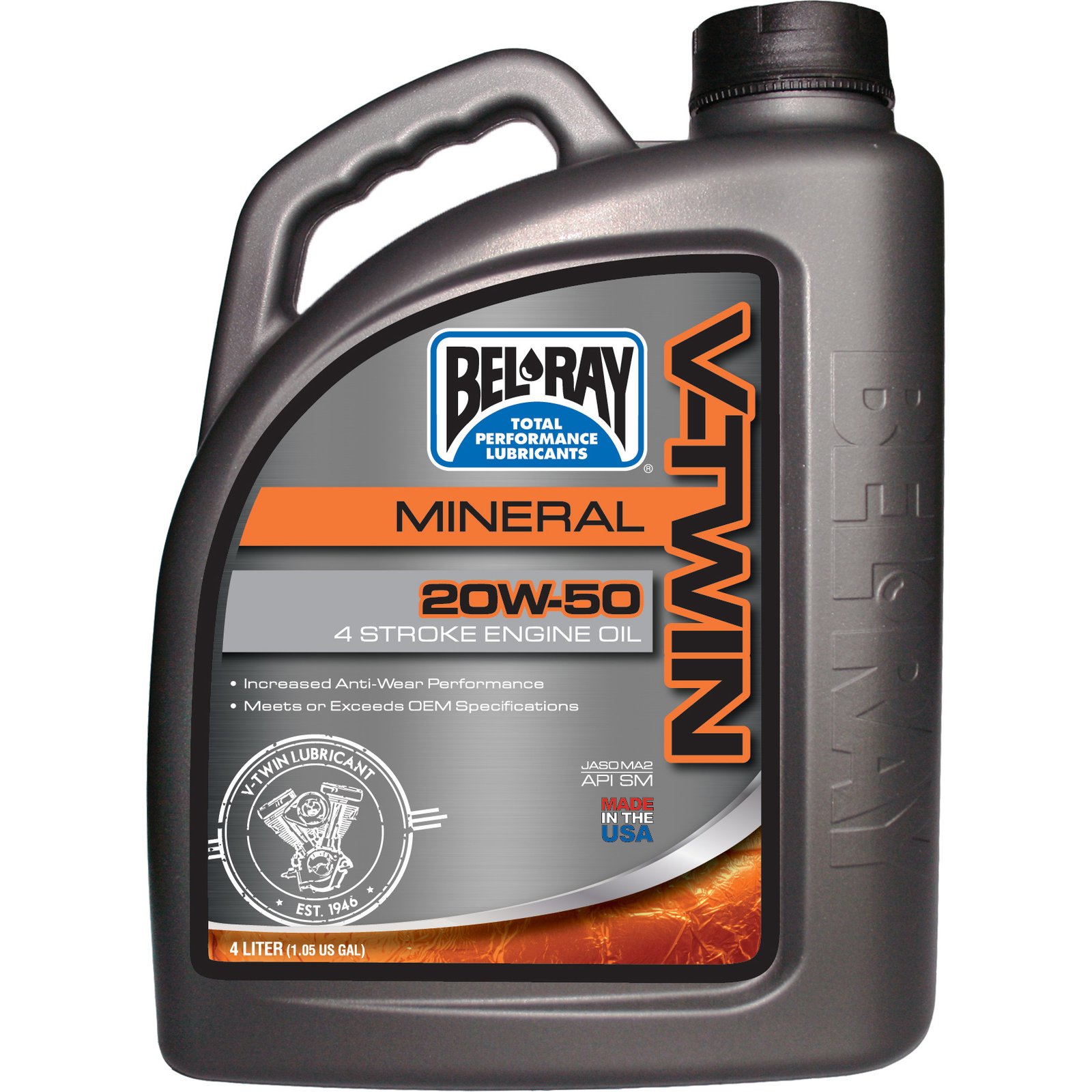 55-900-004.jpg Bel-Ray V-Twin 20W-50 Mineral Engine Oil 4L - Image 1